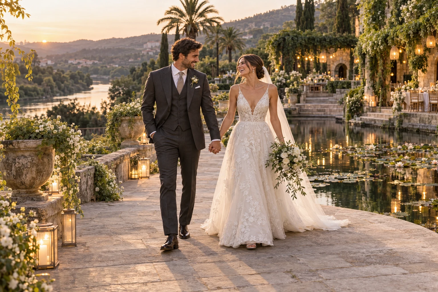 Newlywed couple walking through a waterside garden in evening light