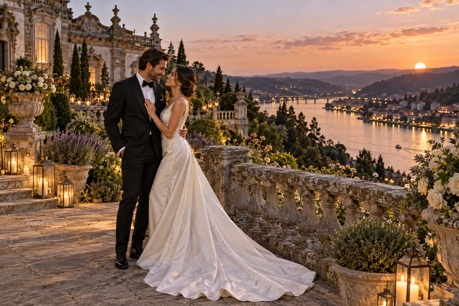Newlywed couple in formalwear on a Portuguese-inspired terrace at sunset